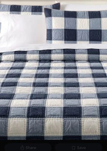 LL Bean King Size Blue & White Plaid Patchwork Quilt BedSpread Good Condition - Picture 1 of 6