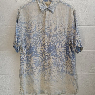 Tasso Elba Hawaiian Silk Linen Button Up Shirt Men LARGE Short Sleeve Blue White - Image 1 of 4