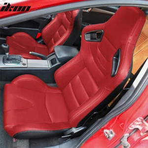 Universal Pair Reclinable Racing Seats + Double Sliders Red PU & Carbon Leather - Picture 1 of 18