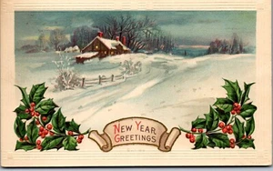 Vintage New Year Postcard Greetings ~ Snow Covered Cottage  - Picture 1 of 3