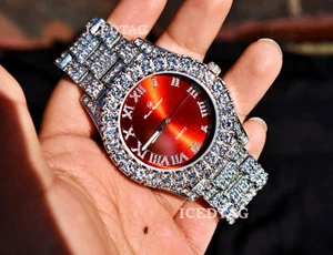 HIP HOP RAPPER ICY ICED WH. GOLD PT TRENDY RED DIAL MIAMI CLUBBERS BLING UHR - Bild 1 von 6
