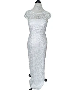 Adrianna Pappell White Sheath Wedding Dress Lace Overlay 6 33-28-34 Small - Picture 1 of 9
