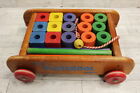 Vintage Colored 1960s Playskool Wood Wagon Pull Toy with Wood Blocks & Rods