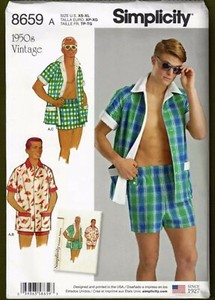 Ensemble cabane vintage Simplicity 8659 hommes années 1950 shorts et chemises motif rétro neuf