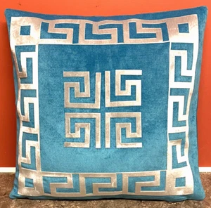 Greek Keys Pattern Scribble Turquoise & Silver Border decorative Pillow Cover - Picture 1 of 3