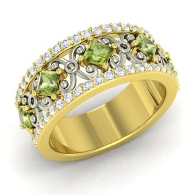 1.31 Ct Princess Real Peridot & Diamond Engagement Eternity Band 14K Yellow Gold - Image 1 of 4