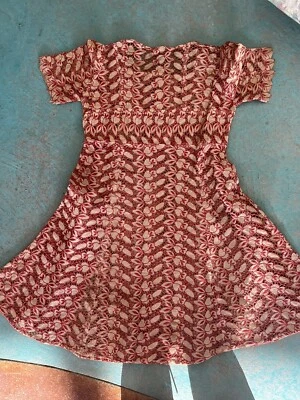 Vintage Red Cream Open Work Linen Little Girls Dress Gorgeous Approx Size 6 - Image 1 of 4