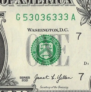 Five of a Kind 3s Fancy Serial Number One Dollar Bill G53036333A Triple - Picture 1 of 11