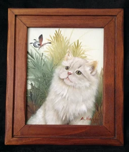 Pintura al óleo original vintage de gato blanco y mariposa de: B. Harris - 1974 - Imagen 1 de 6