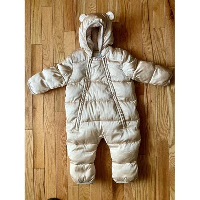 Baby Gap Fleece-lined Primaloft Puffer Snowsuit Bear Hood Champagne 6 12 Months - Image 1 of 4