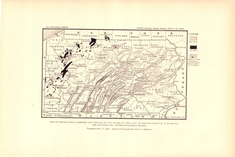 Gaines Oil Pool Pennsylvania – USGS Lithograph Map of Appalachian Ridges 1902 - Image 1 of 1