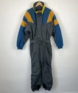 Vintage Descente Ski Suit Snow Bib Jumpsuit Grey Yellow Blue Mens Medium Winter - Picture 1 of 15