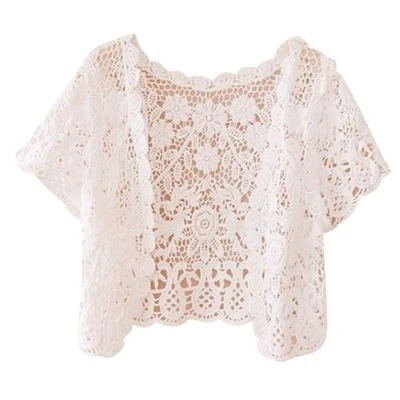 Women Floral Lace Short Sleeve Shrug Open Front Crop Jackets for Evening Dresses - Image 1 of 4