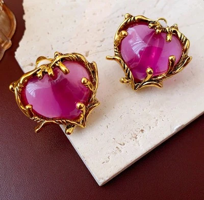 Big Purple Heart Clip On Earrings Gripoix Style Gold Tone Jelly Belly Lucite - Image 1 of 4