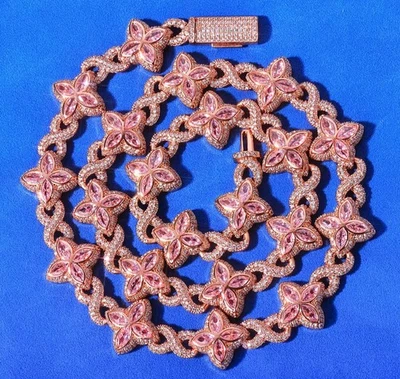 Iced Out Clover 4 Leaf Charm 粉色玫瑰金链式项链手链  — 第 1/3 张图片