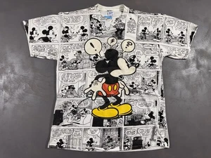 VTG  80s Disney Mickey Mouse Newspaper AOP Size XL Large White Glitter T-Shirt - Picture 1 of 10