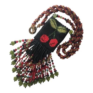 Handmade Seed Beads Beaded Pouch 2 Sided Cherries Amulet Bag Fringe Necklace - Picture 1 of 16
