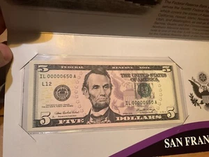 2006 5 Dollar Schein Schein bankfrisch niedrige Seriennummer BEP 5 $ 650a !!!! - Bild 1 von 5