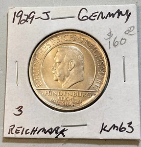 1929-J GERMANY 3 REICHMARK SILVER COIN - Picture 1 of 2