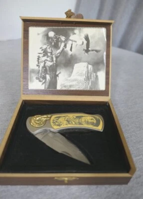 Native American Indian Chief Stainless Engraved Blade 3" Folding Pocket Knife - Image 1 of 4