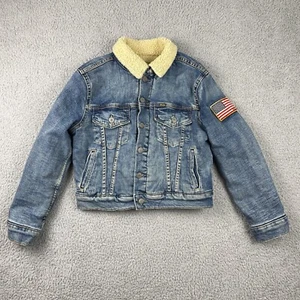 Polo Ralph Lauren Jean Jacket Youth 10-12 Medium Fleece Lined Trucker Flag Patch - Picture 1 of 12