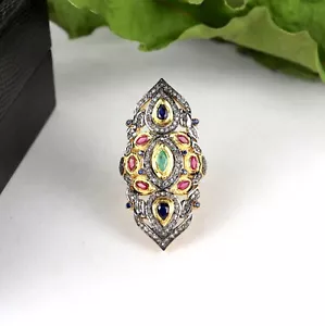 Real Ruby, Emerald, Pave Diamond Ring,925 Sterling Silver Wedding Gift Jewelry - Picture 1 of 6