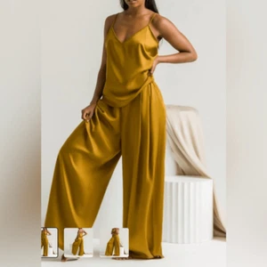 Neu ohne Etikett Ettitude Damen-Pyjamahose goldfarben Satin Bambus weites Bein Lounge – Größe XXL - Bild 1 von 11