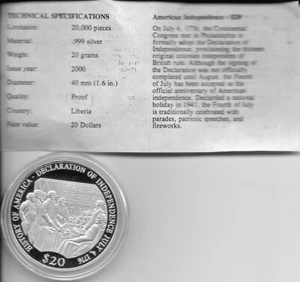 Declaration of Independence Coin, Republic of Liberia, 1 OZ .999 FS,Capsule, COA - Picture 1 of 2