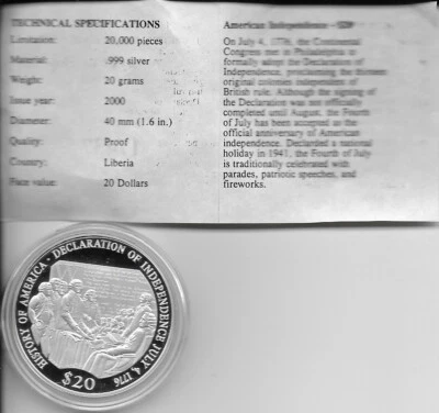 Declaration of Independence Coin, Republic of Liberia, 1 OZ .999 FS,Capsule, COA - Image 1 of 2