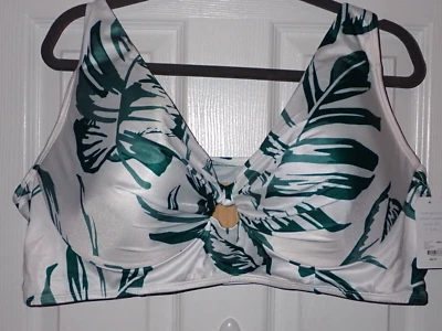 NEW Lane Bryant Cacique Swim 46DD Plunge Bikini Top w/ Bra White Green Tropical - Image 1 of 4
