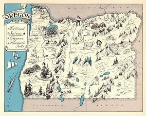 1930s Antique Oregon State Map Wall Decor Picture Map of Oregon BLU 932 - Picture 1 of 4