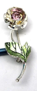 Zierliche silberne Rose n Stiel Pin hellrosa grüne Färbung 1,75 Zoll lang - Bild 1 von 3
