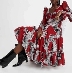 Autumn Adeigbo Fleur Sz 4 Dress Red Black Georgette Butterfly Long Sleeve new - Picture 1 of 12