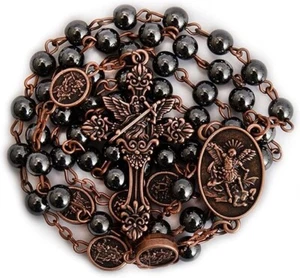 Copper St Michael Rosary Hematite Stone Beads Necklace Metal Beaded Glory Beads - Picture 1 of 3