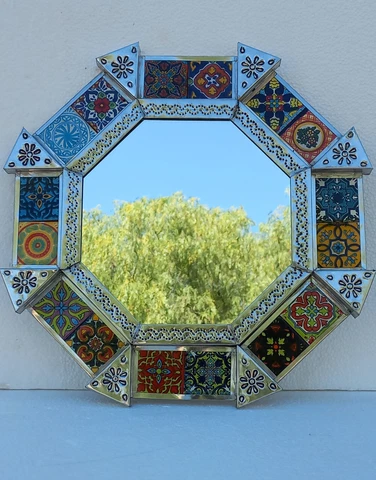 15" PUNCHED TIN MIRROR octagonal   mixed talavera tiles    mexican folk art Cover