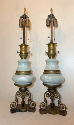 Large pair antique French celadon Pate Sur Pate porcelain bronze electric lamps - Image 1 of 4