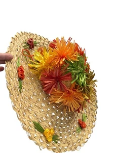 Sombrero de paja de recuerdo vintage borde ancho con elegante tapa de flores - Imagen 1 de 6
