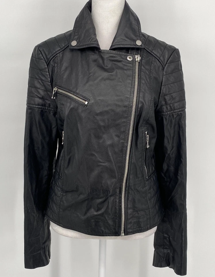 Chaqueta Barneys Originals Mujer 12 Cuero Negro Moto Asimétrica Cremallera Motociclista Foto 1 de 4