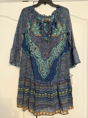 Vestido Sandra Darren Talla 10 Nuevo con Etiquetas Estampado Azul Bohemio y Naranja Foto 1 de 4