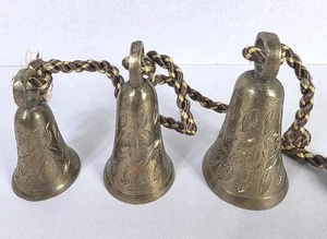 Vintage Hanging India 3 Brass Bells Holi Elephant Tonga Golden Color - Picture 1 of 23