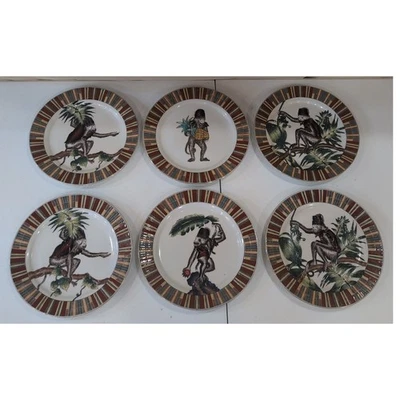 Raro De Colección Tropical Decorativo Mono Platos Borde Dorado Juego de 6 Caprichosos Hogar Foto 1 de 4