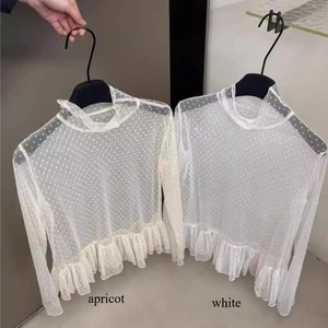 Gepunktete Damen Spitze Schößchen Shirts Tops Bluse Basic T-Shirts durchsichtig Retro Mädchen - Bild 1 von 11