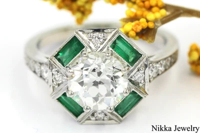 GIA 2.95 CTW Natural Diamond Old European Cut & Green Emerald 18K White Gold - Image 1 of 4
