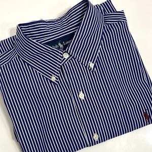 Mens 17, 32/33 Polo Ralph Lauren Button L/S Dress Shirt Blue Stripe Maroon Pony - Picture 1 of 10