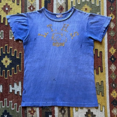 Camiseta Vintage Años 40 Algodón Gráfico León Talla M - Azul Marino Desteñido - Envejecido Foto 1 de 4