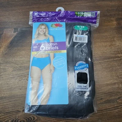 Bragas calzoncillos de algodón sin etiquetas negras Fruit of the Loom para mujer 9/2X nuevo paquete de 6 Foto 1 de 4