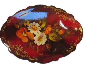 Russian, hand painted, lacquered, wooden,folk art, floral brooch , signed - Picture 1 of 3