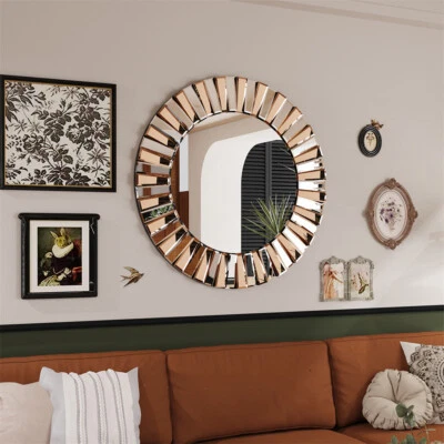 Wall Accent Mirror Antique Round Silver Mirror Hanging Large Sunburst Frame Deco - Image 1 of 4