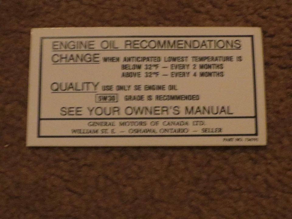 1968 1969 OLDSMOBILE 88 98 CUTLASS 442 TORONADO CANADIAN OIL CHANGE INSTR DECAL - Image 1 of 1