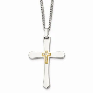 Stainless Steel 14k Accent w/ Diamonds Cross Necklace - Picture 1 of 4
